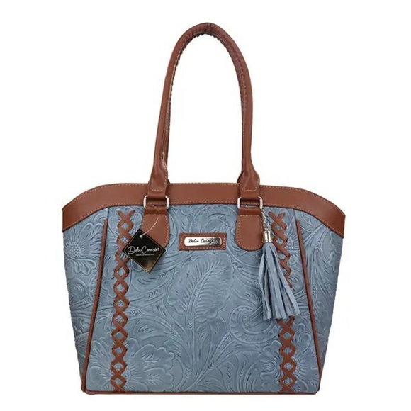 Handmade Handbags - Denim Blue Brown Cross Stitch Embossed Tooled Artisan LEATHER Hobo Bag Purse